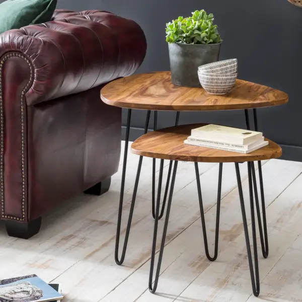 FineBuy Design Satztisch FB51455 Sheesham Metall Beistelltisch 2er Set klein aus Holz, Braun