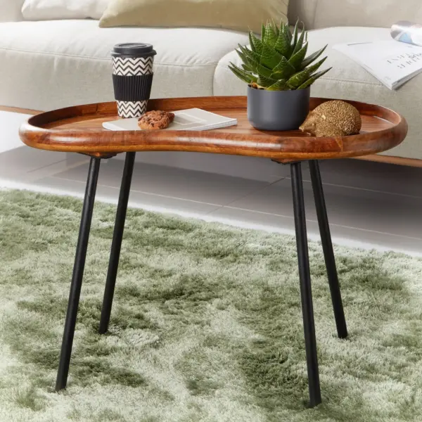 FineBuy Couchtisch SV51466 Sheesham massiv Sofatisch Nierenform mit Metallbeinen aus Holz, Beige