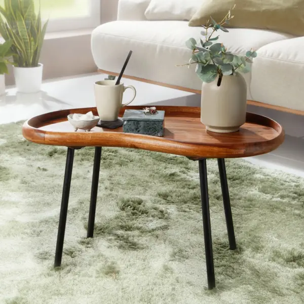 FineBuy Couchtisch SV51466 Sheesham massiv Sofatisch Nierenform mit Metallbeinen aus Holz, Braun