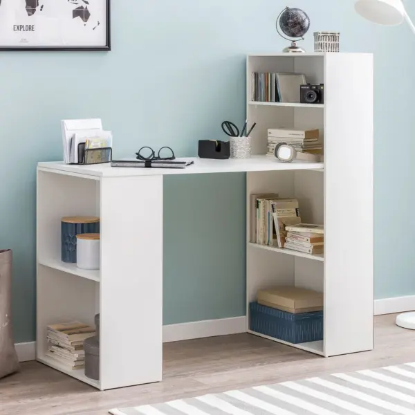 FineBuy Schreibtisch mit Regal aus Holz, Weiß – 120 × 120 × 53 cm