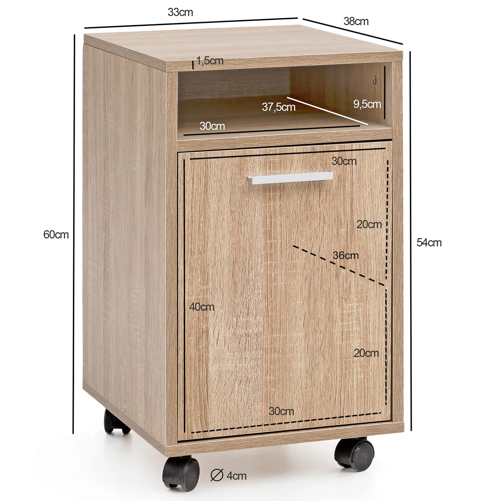 FineBuy Rollcontainer aus Holz, Weiß – 33 × 60 × 38 cm