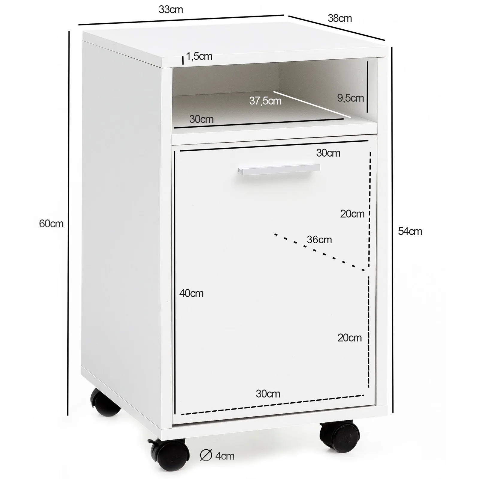 FineBuy Rollcontainer aus Holz, Weiß – 33 × 60 × 38 cm