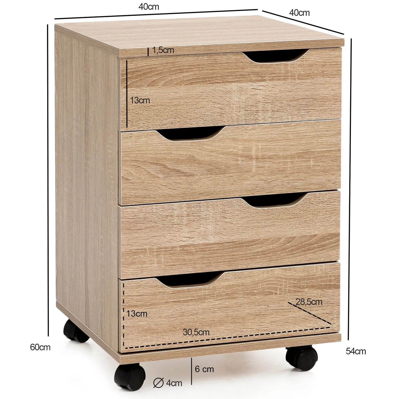 FineBuy Rollcontainer aus Holz, Braun – 40 × 60 × 40 cm