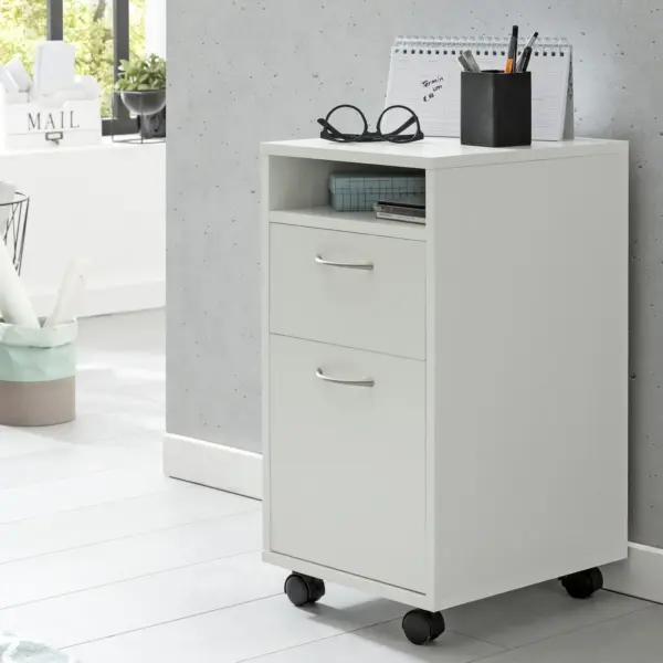 FineBuy Rollcontainer 33x63x38 cm Schreibtisch-Unterschrank Holz, Weiß