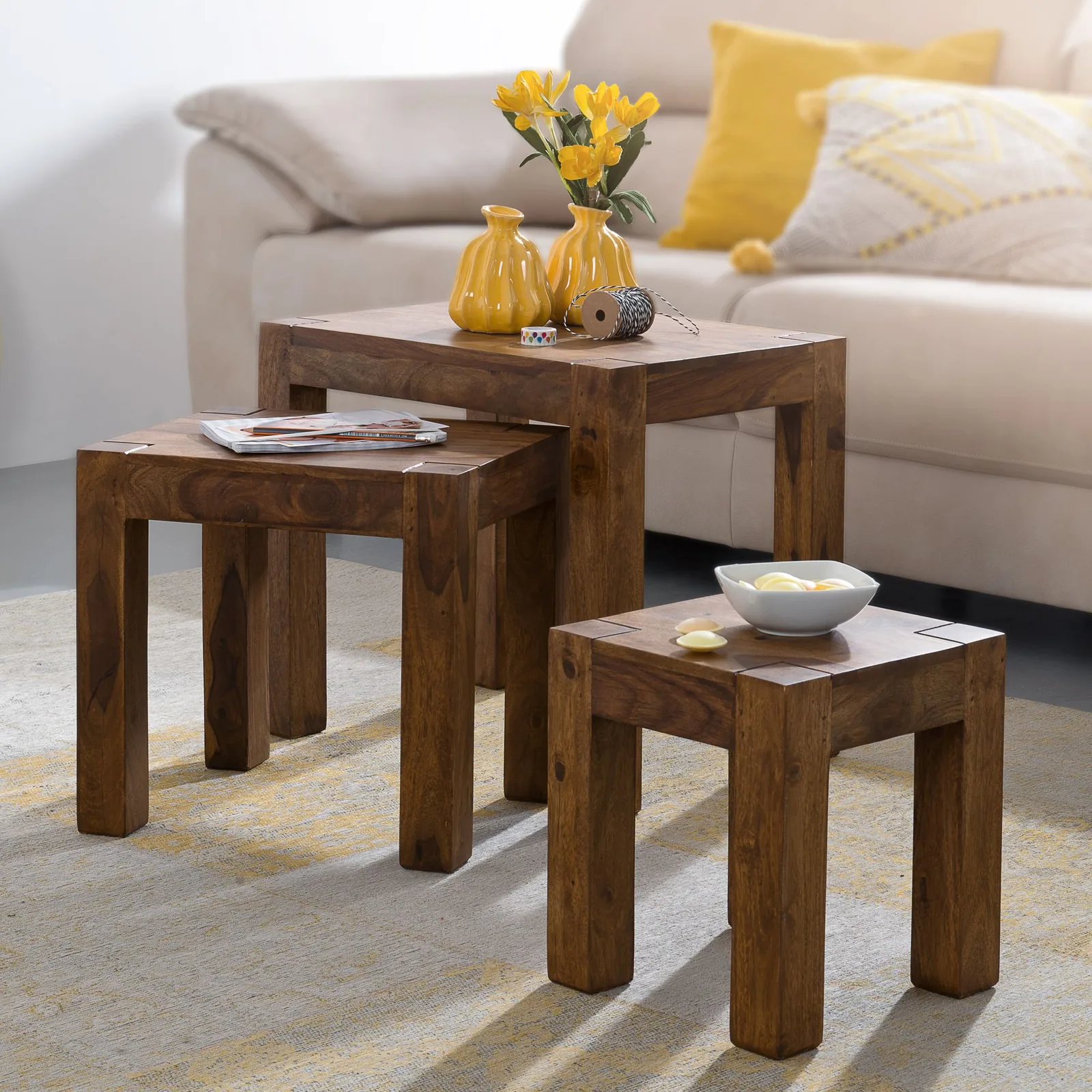 FineBuy 3er Set Satztisch Massivholz Sheesham Wohnzimmertisch Beistelltisch, Braun