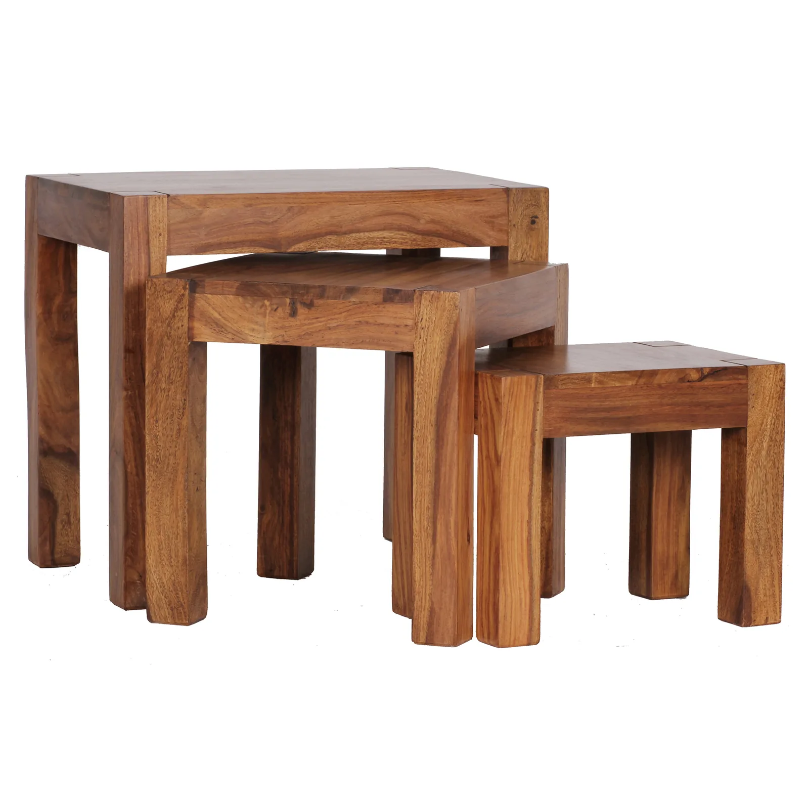 FineBuy 3er Set Satztisch Massivholz Sheesham Wohnzimmertisch Beistelltisch, Braun