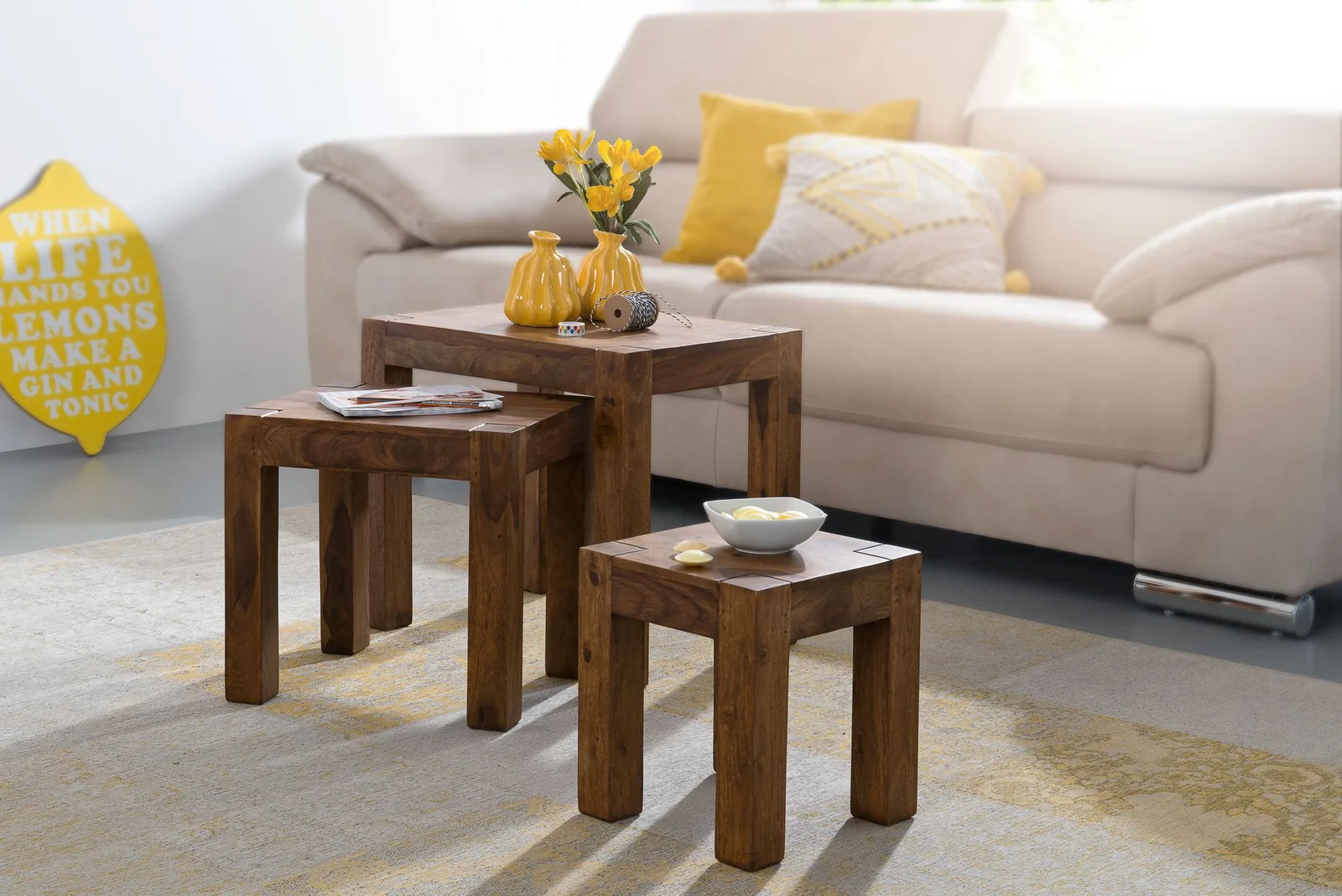 FineBuy 3er Set Satztisch Massivholz Sheesham Wohnzimmertisch Beistelltisch, Braun