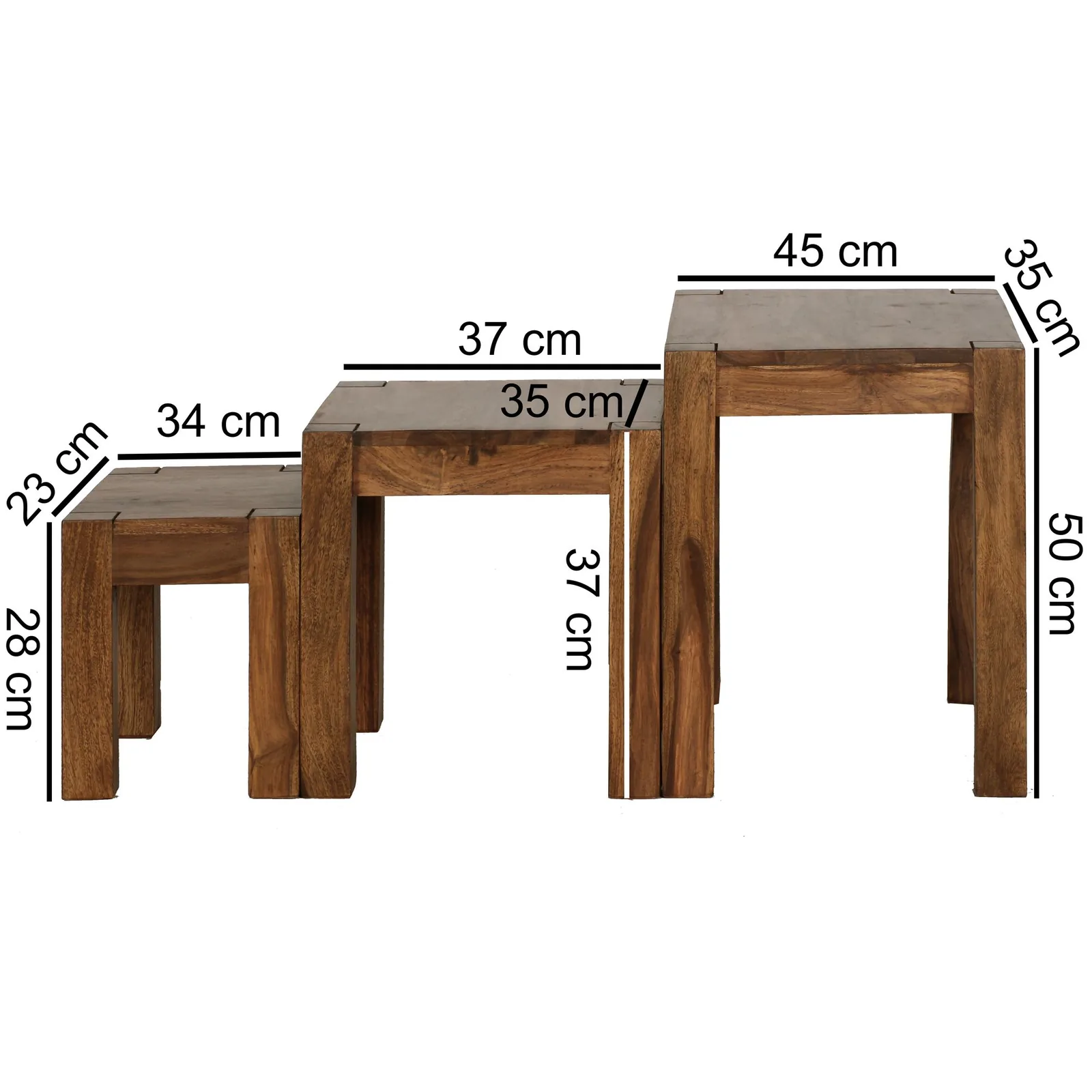 FineBuy 3er Set Satztisch Massivholz Sheesham Wohnzimmertisch Beistelltisch, Braun