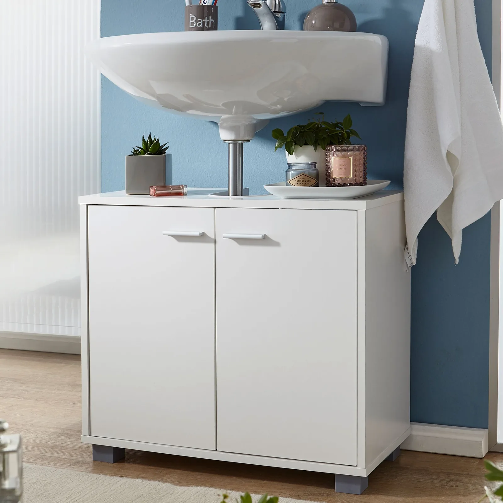 FineBuy Waschbeckenunterschrank mit 2 Türen, Weiß – 60 × 30 × 55 cm