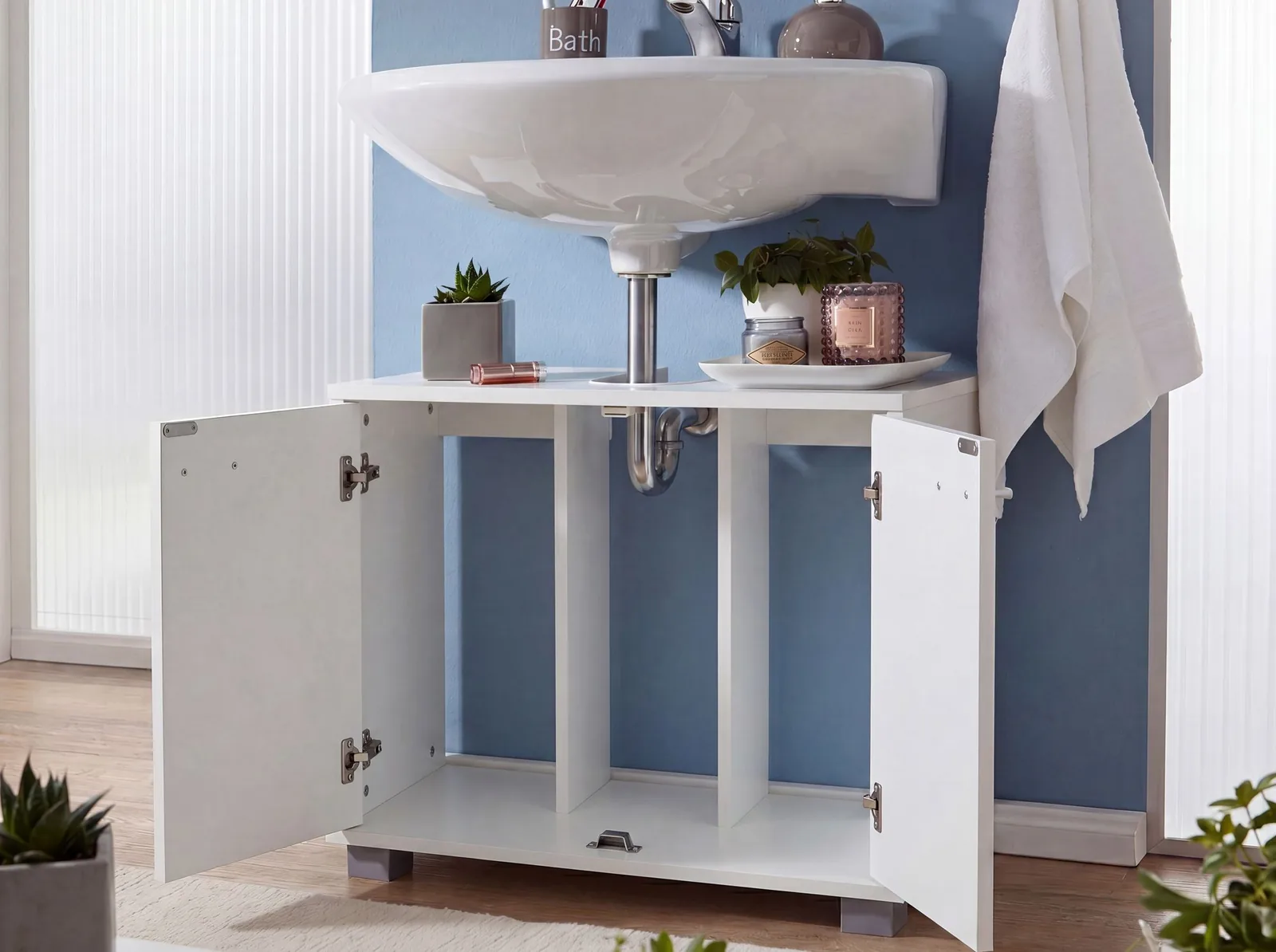 FineBuy Waschbeckenunterschrank mit 2 Türen, Weiß – 60 × 30 × 55 cm