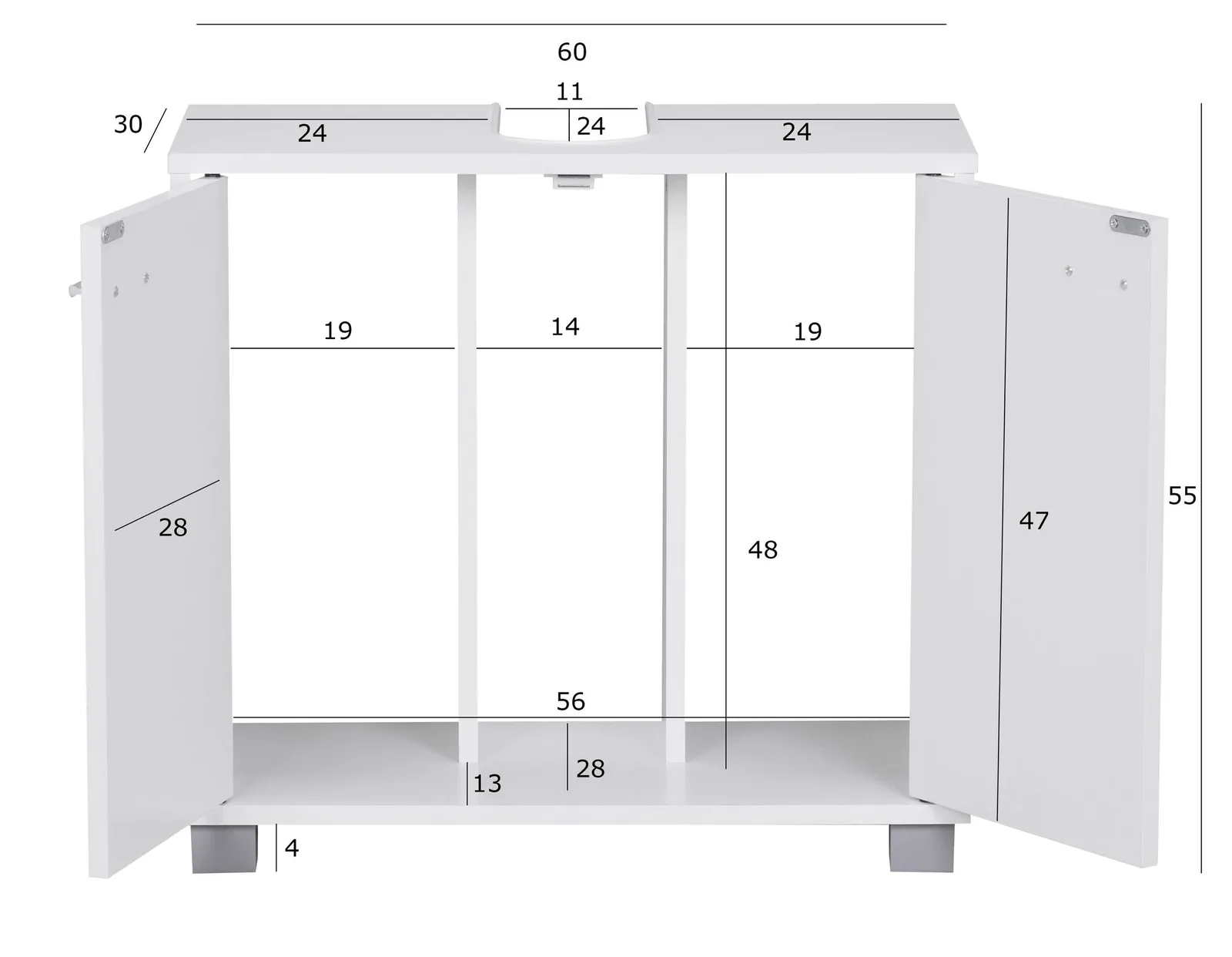 FineBuy Waschbeckenunterschrank mit 2 Türen, Weiß – 60 × 30 × 55 cm