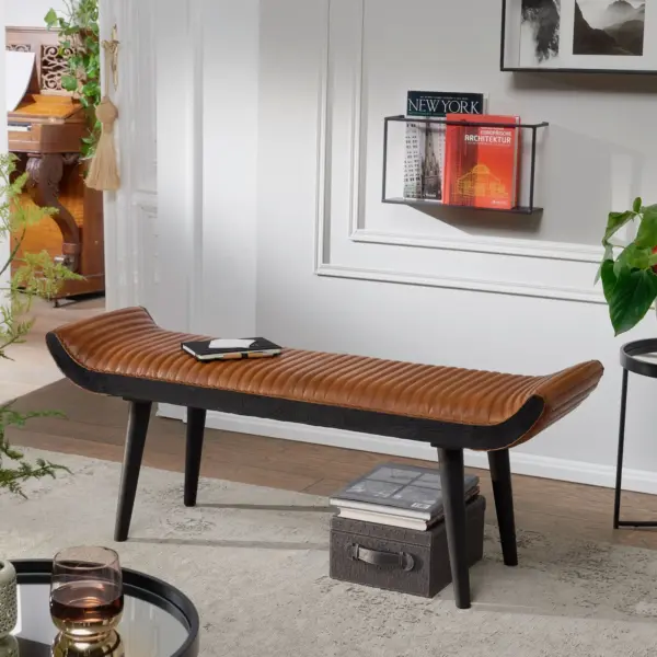 FineBuy gepolsterte Sitzbank aus Massivholz, Braun – 125 cm FineBuy gepolsterte Sitzbank aus Massivholz, Braun – 125 cm