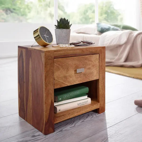 FineBuy Nachttisch Sheesham Massivholz mit Schublade und Ablage, Braun – 40 × 40 × 30 cm