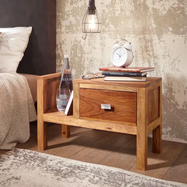 FineBuy Nachtkonsole Sheesham Massivholz mit Schublade und Ablage, Braun – 60 × 30 × 40 cm