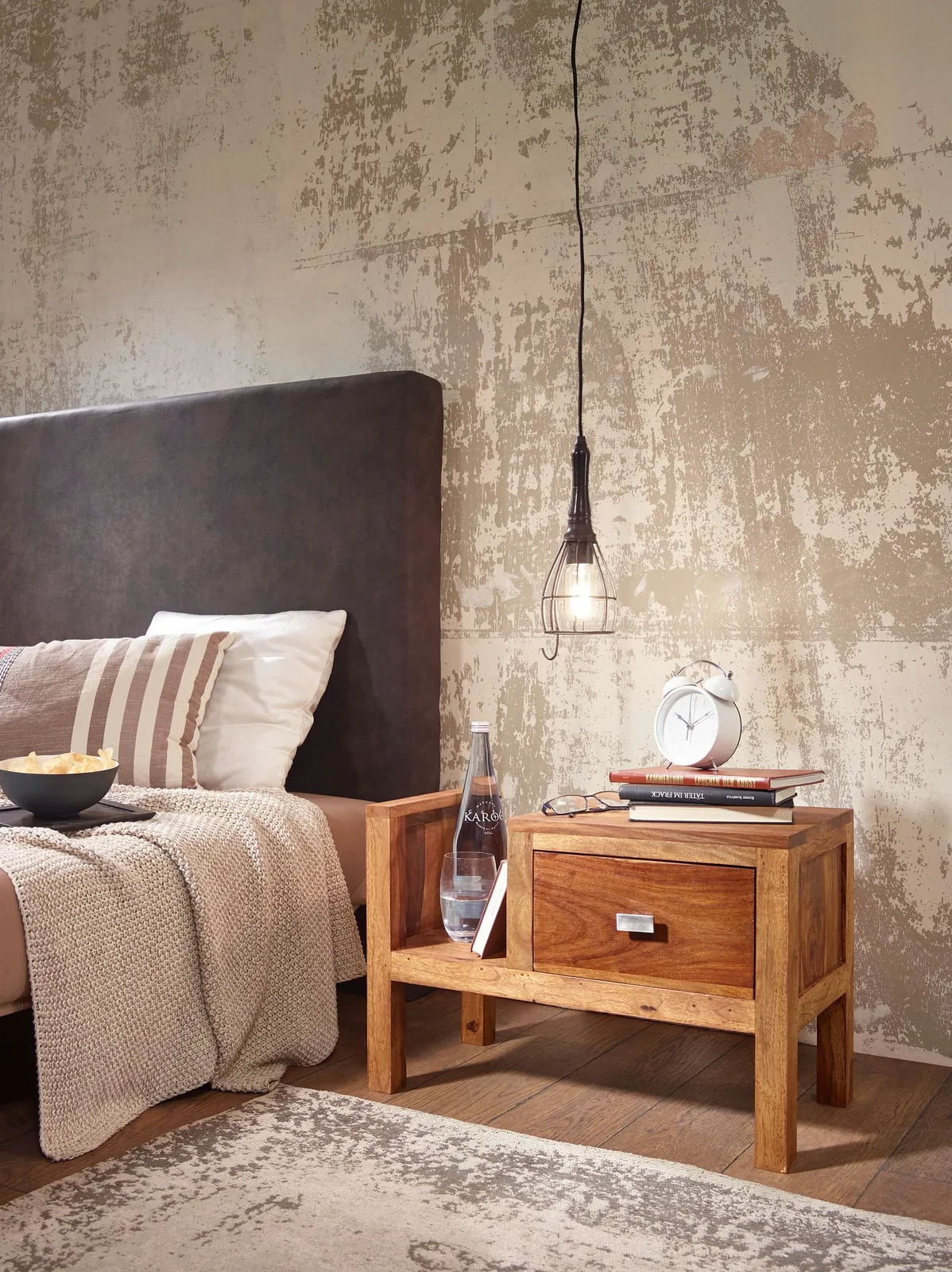 FineBuy Nachtkonsole Sheesham Massivholz mit Schublade und Ablage, Braun – 60 × 30 × 40 cm