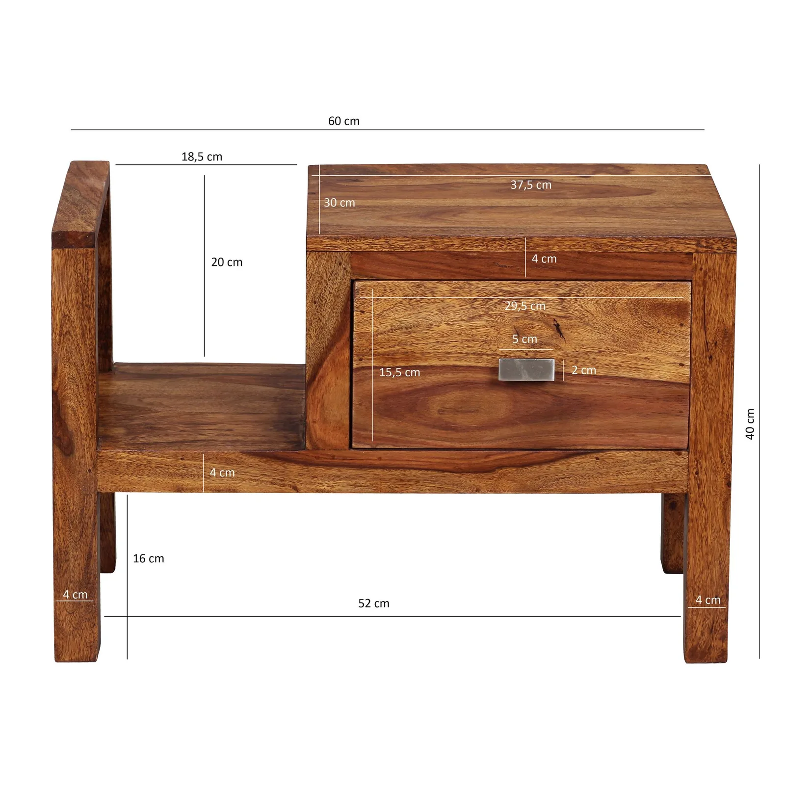FineBuy Nachtkonsole Sheesham Massivholz mit Schublade und Ablage, Braun – 60 × 30 × 40 cm