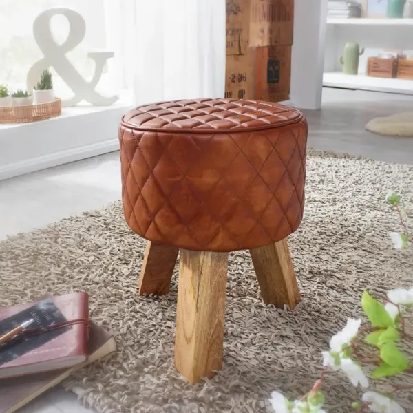 FineBuy Sitzhocker Echtleder / Massivholz 35x46x35 cm Modern Fußhocker Rund, Braun