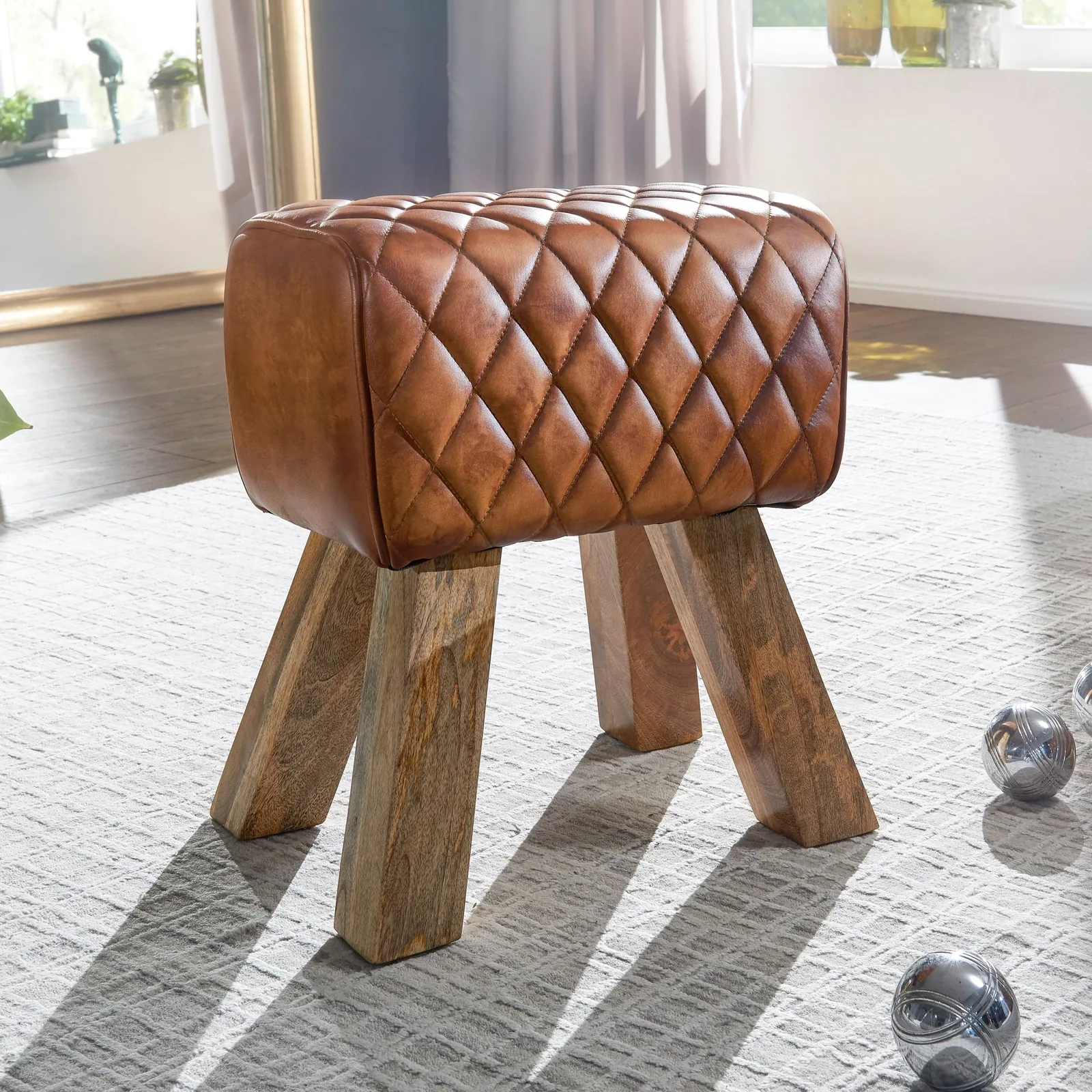 FineBuy Sitzhocker Echtleder / Massivholz 40x48x27 cm Modern Fußhocker, Braun