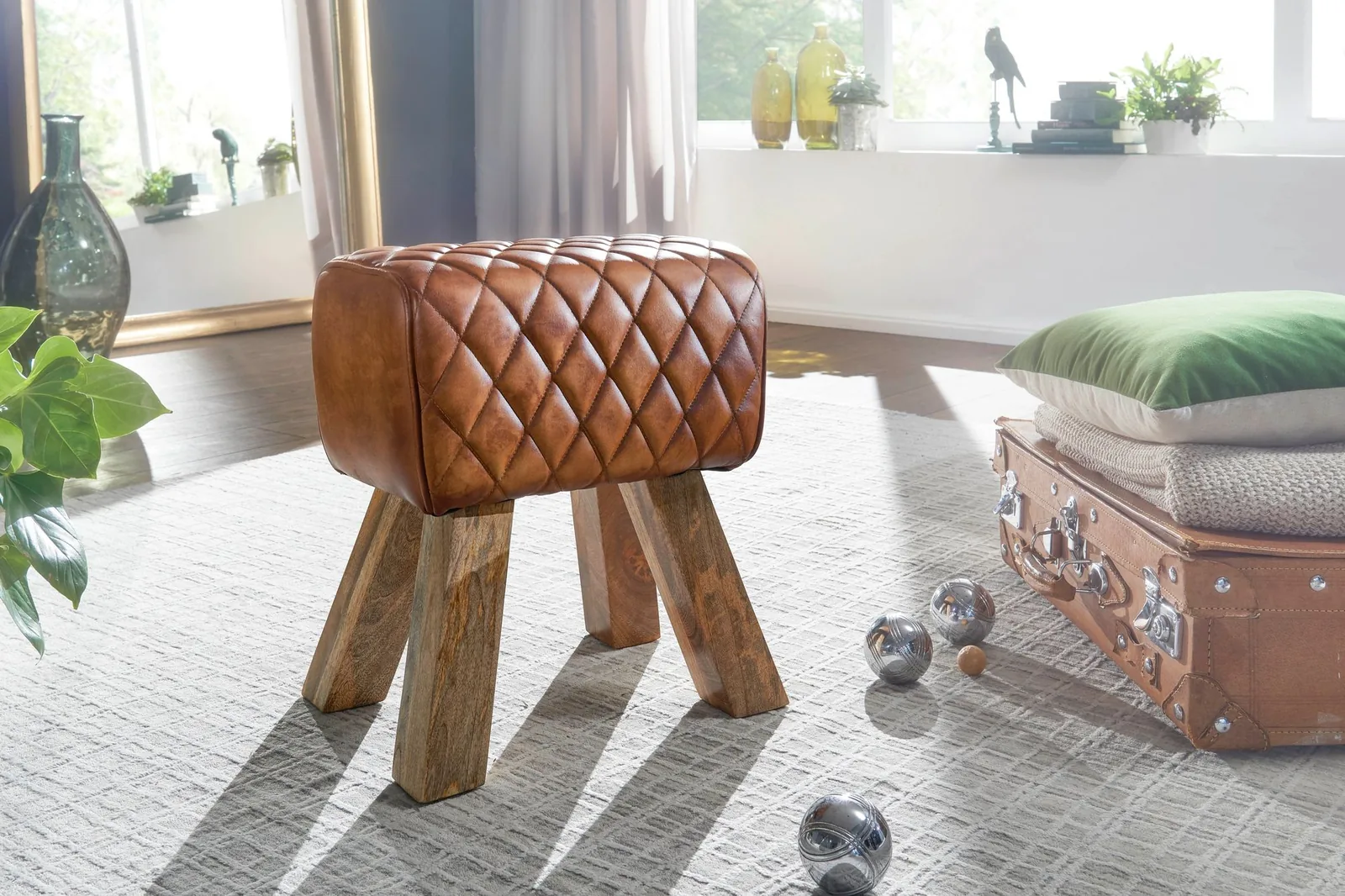 FineBuy Sitzhocker Echtleder / Massivholz 40x48x27 cm Modern Fußhocker, Braun