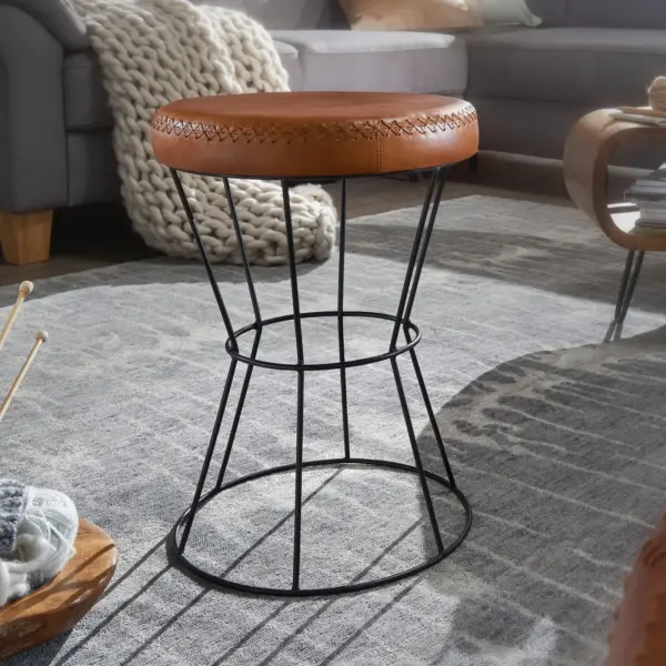 FineBuy Sitzhocker Echtleder / Metall, Schwarz – 35 × 48 × 35 cm