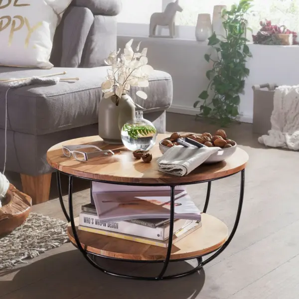 FineBuy Couchtisch Akazie Massivholz rund 60 cm · Wohnzimmertisch mit Ablage · Handgefertigt · Metallgestell in Schwarz · Moderner Industrial Design Sofatisch