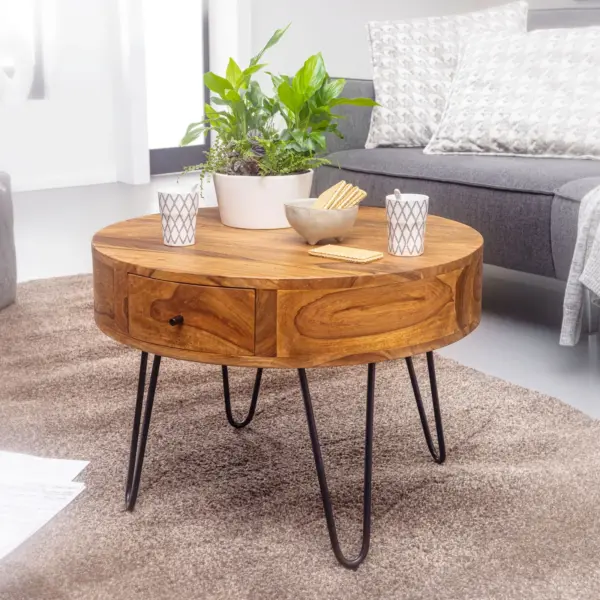 FineBuy Couchtisch Sheesham Massivholz rund Ø 60 cm – Wohnzimmertisch mit Schublade & schwarzen Hairpin Beinen | Retro Design Holztisch handgefertigt