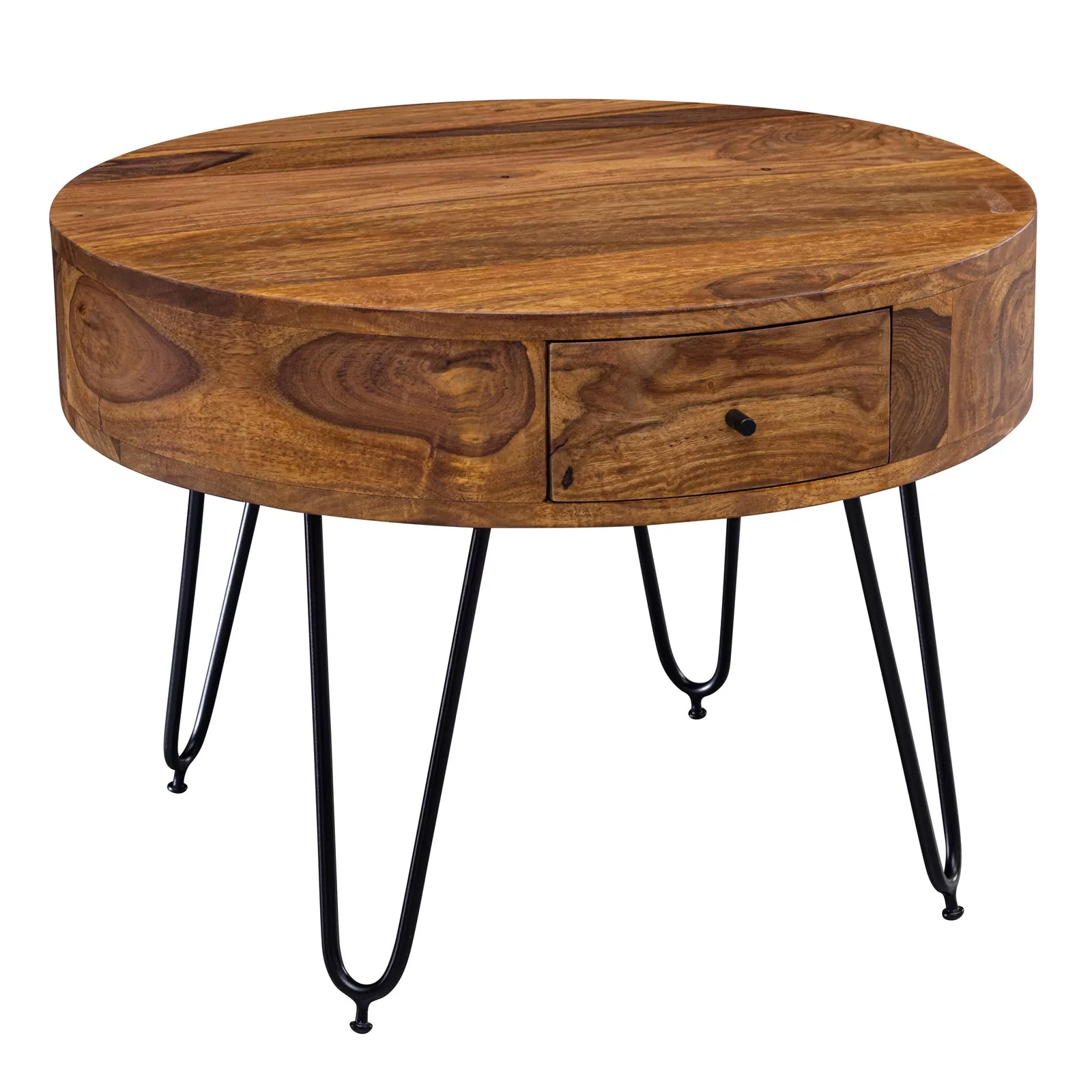 FineBuy Couchtisch Sheesham Massivholz rund Ø 60 cm – Wohnzimmertisch mit Schublade & schwarzen Hairpin Beinen | Retro Design Holztisch handgefertigt