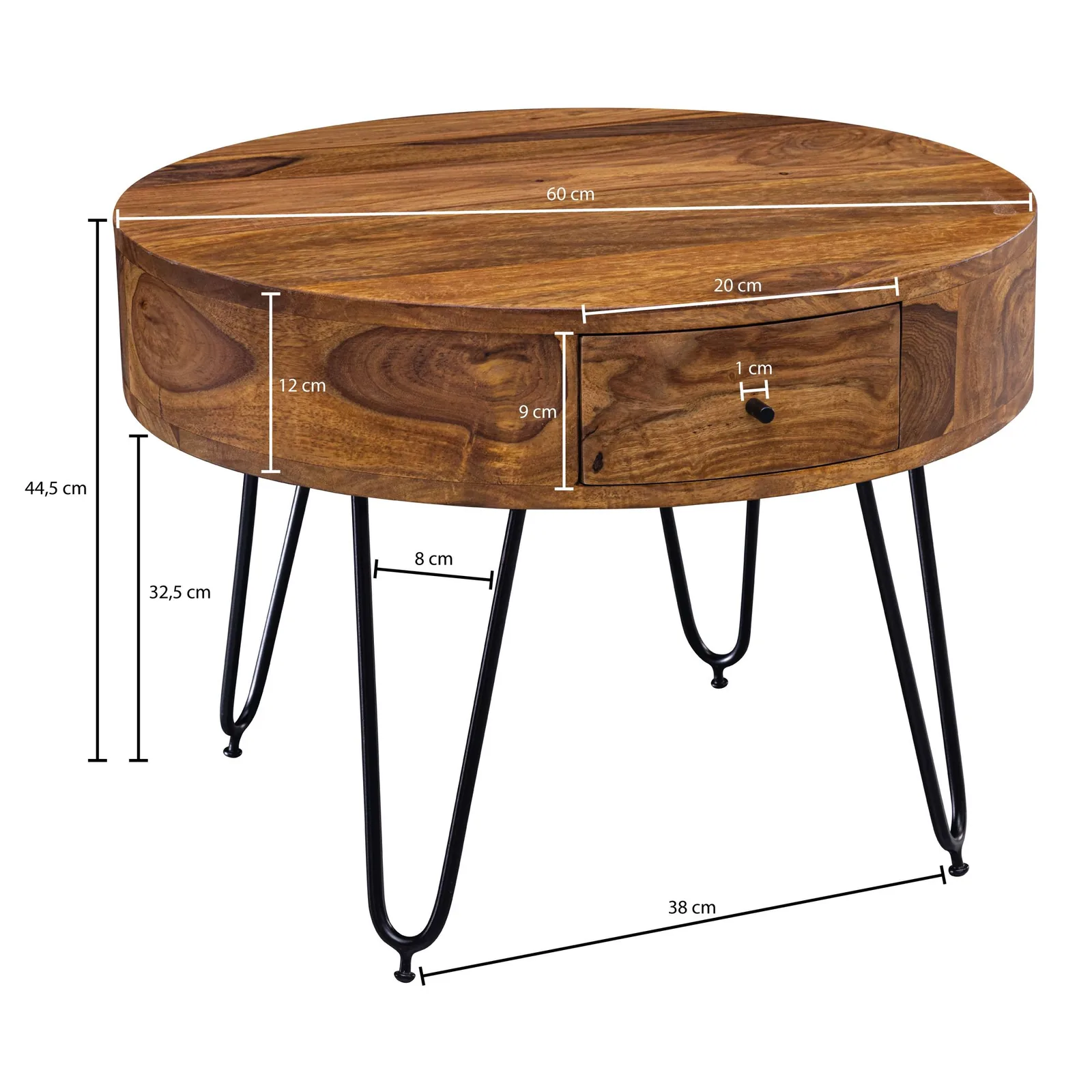 FineBuy Couchtisch Sheesham Massivholz rund Ø 60 cm – Wohnzimmertisch mit Schublade & schwarzen Hairpin Beinen | Retro Design Holztisch handgefertigt