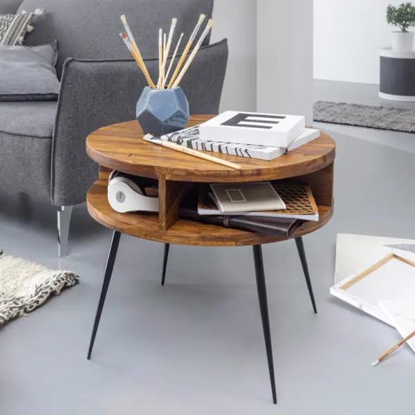 FineBuy Couchtisch Sheesham Massivholz rund Ø 60 cm – Wohnzimmertisch mit offener Ablage & schwarzen Metallbeinen | Design Tisch handgefertigt im modernen Retro Stil