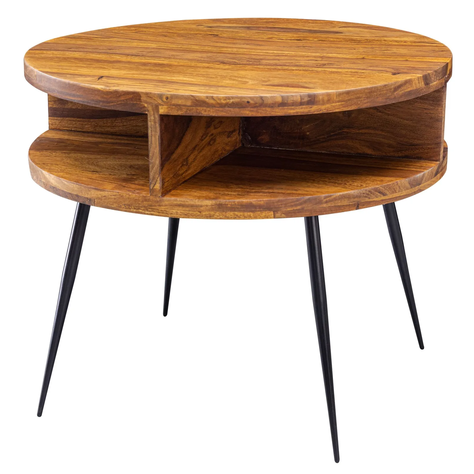 FineBuy Couchtisch Sheesham Massivholz rund Ø 60 cm – Wohnzimmertisch mit offener Ablage & schwarzen Metallbeinen | Design Tisch handgefertigt im modernen Retro Stil