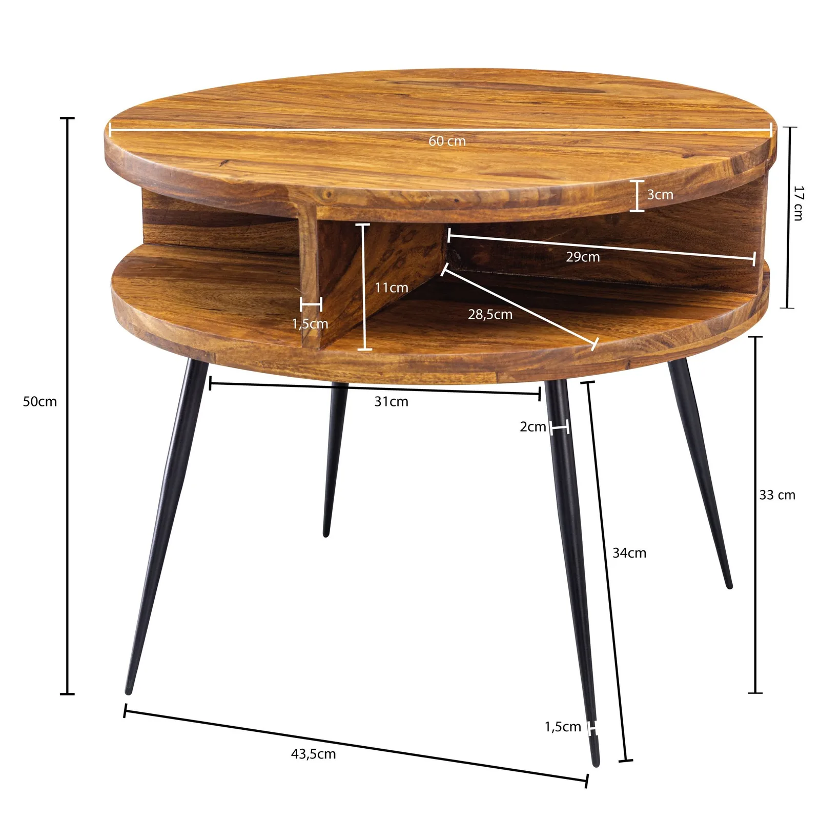FineBuy Couchtisch Sheesham Massivholz rund Ø 60 cm – Wohnzimmertisch mit offener Ablage & schwarzen Metallbeinen | Design Tisch handgefertigt im modernen Retro Stil