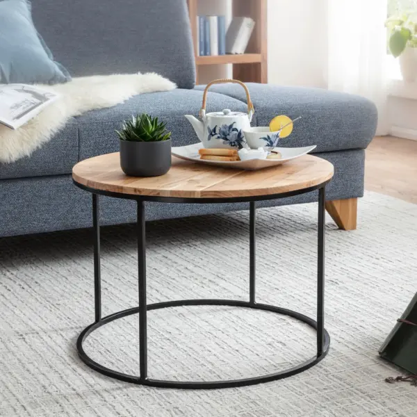 FineBuy Couchtisch Akazie Massivholz rund 60 cm · Wohnzimmertisch mit schwarzem Metallgestell · Handgefertigt · Natur Holz Tisch im modernen Industrial Design