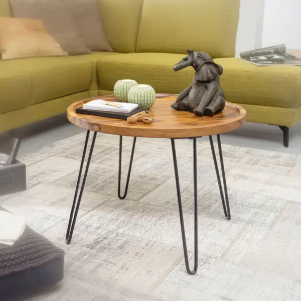 FineBuy Couchtisch Sheesham Massivholz rund Ø 60 cm – Wohnzimmertisch mit Metallbeinen im Retro Design – Handgefertigter Holztisch mit Ablagekante – 45 cm hoch