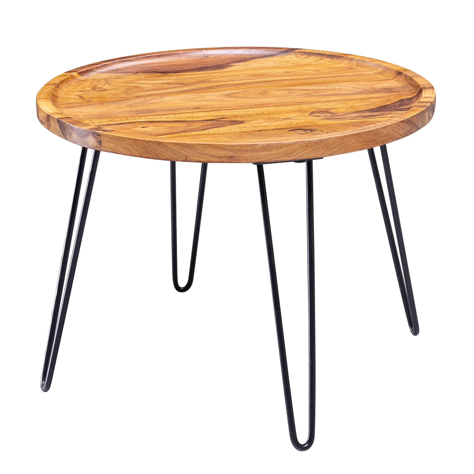 FineBuy Couchtisch Sheesham Massivholz rund Ø 60 cm – Wohnzimmertisch mit Metallbeinen im Retro Design – Handgefertigter Holztisch mit Ablagekante – 45 cm hoch