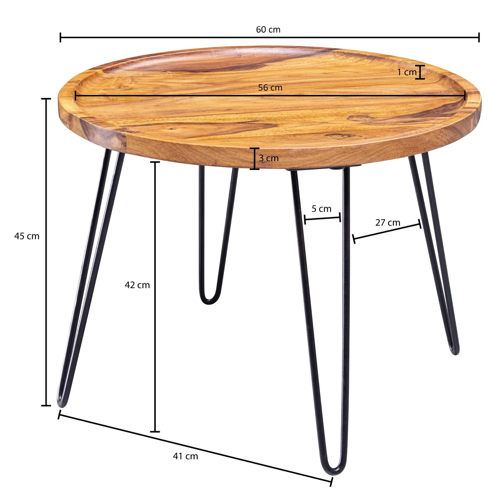 FineBuy Couchtisch Sheesham Massivholz rund Ø 60 cm – Wohnzimmertisch mit Metallbeinen im Retro Design – Handgefertigter Holztisch mit Ablagekante – 45 cm hoch