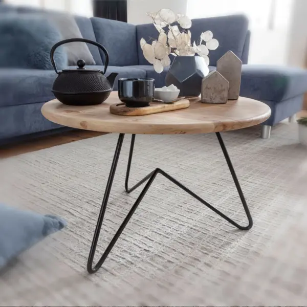 FineBuy Couchtisch Akazie Massivholz rund 60 cm · Wohnzimmertisch mit Metallgestell im modernen Design · Handgefertigt · Natur Look & Industrial Stil