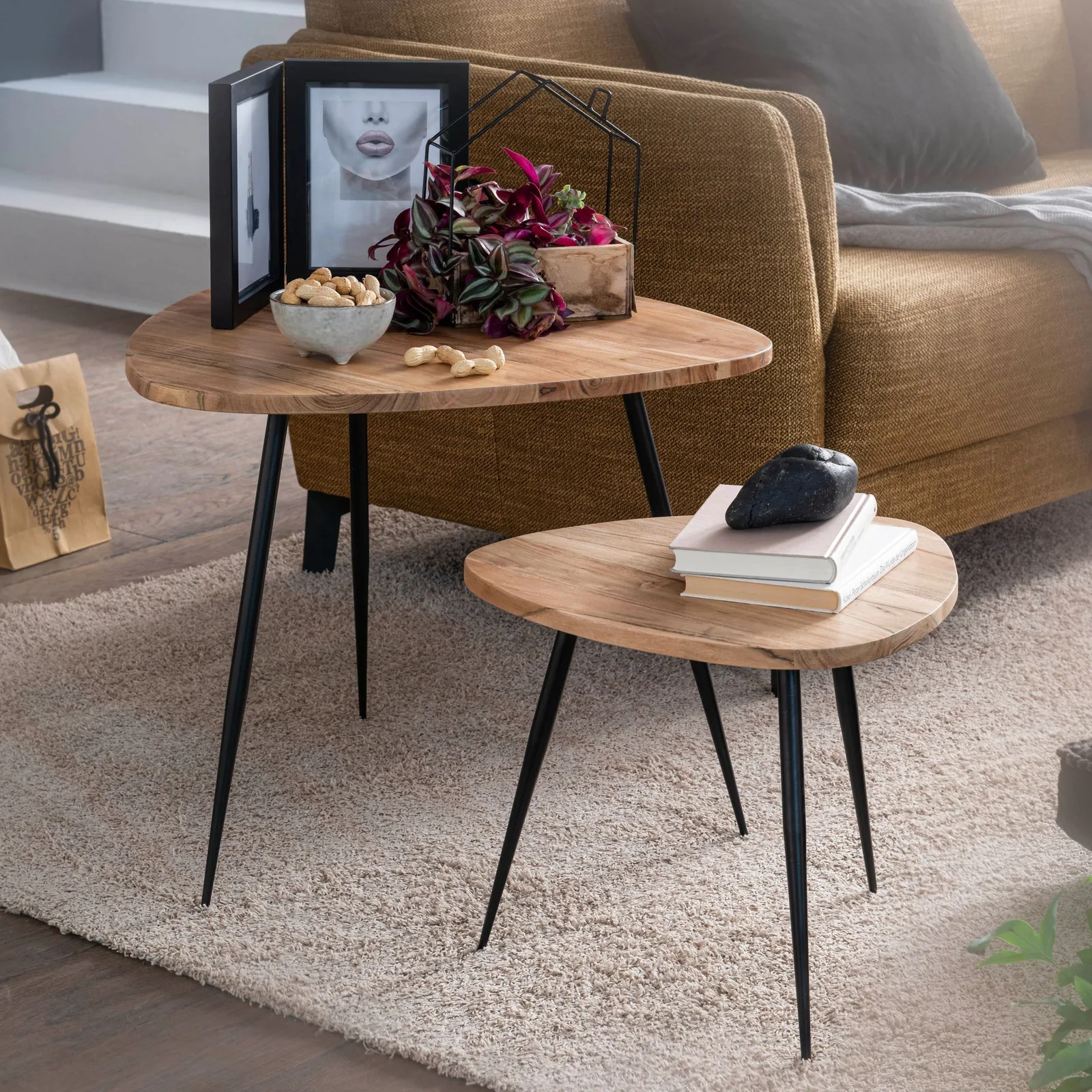 FineBuy 2er Set Satztisch Akazie Massivholz / Metall Couchtisch Klein, Braun