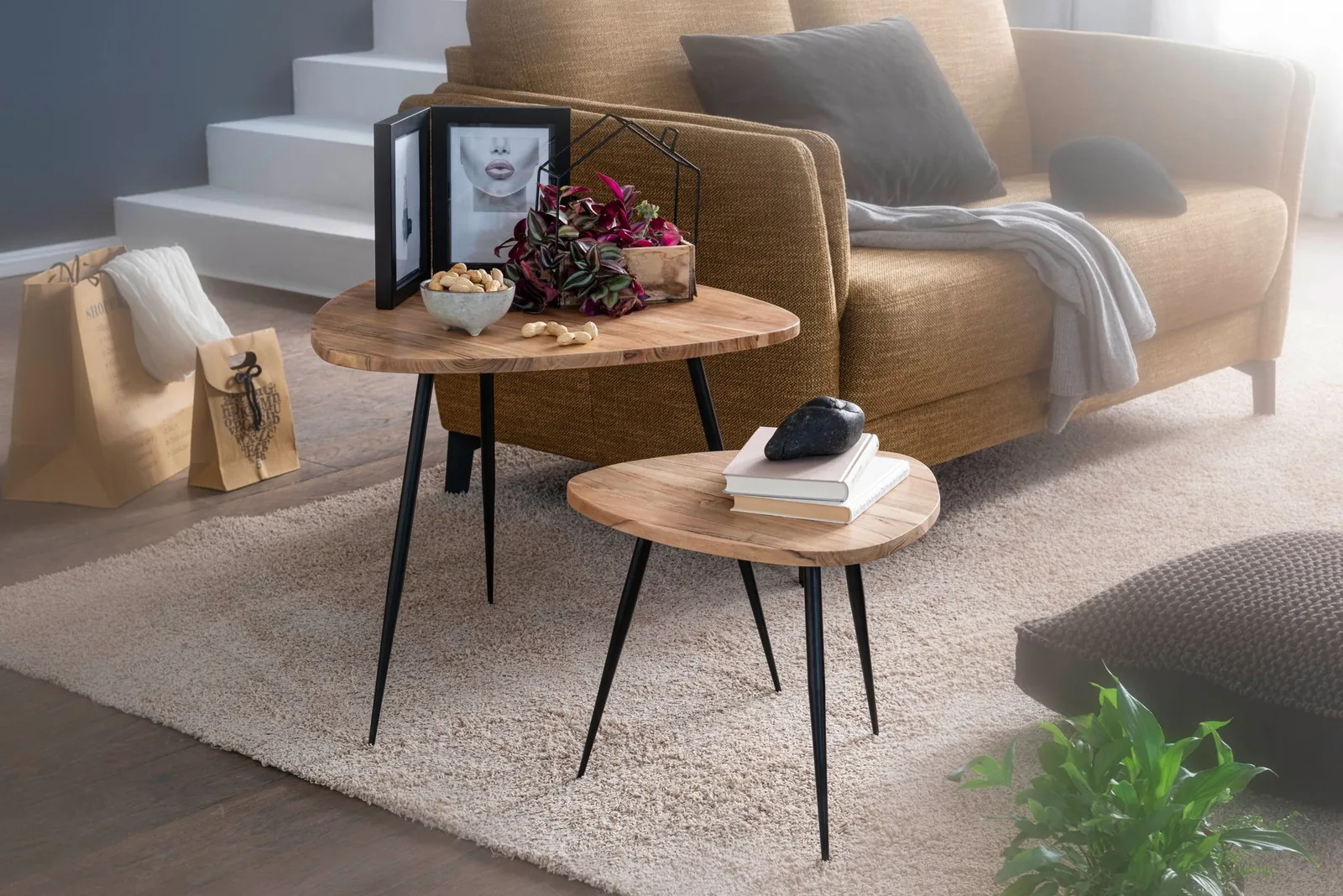 FineBuy 2er Set Satztisch Akazie Massivholz / Metall Couchtisch Klein, Braun