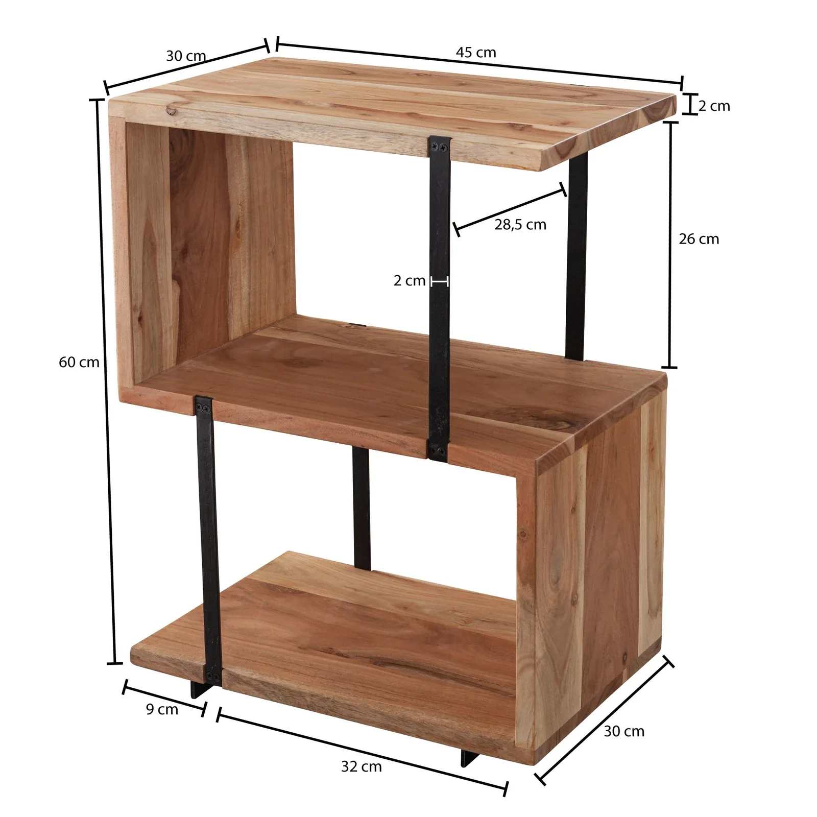 FineBuy Beistelltisch S-Form aus Holz, Braun – 45 × 60 × 30 cm