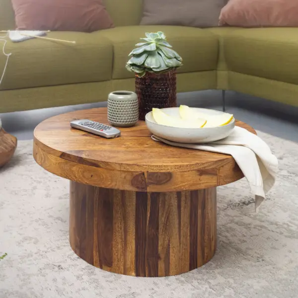 FineBuy Couchtisch Sheesham Massivholz rund Ø 60 cm, Höhe 30 cm – Wohnzimmertisch im Monolith/Drum Design mit Säulenfuß – Handgefertigter Echtholz Tisch modern & stabil