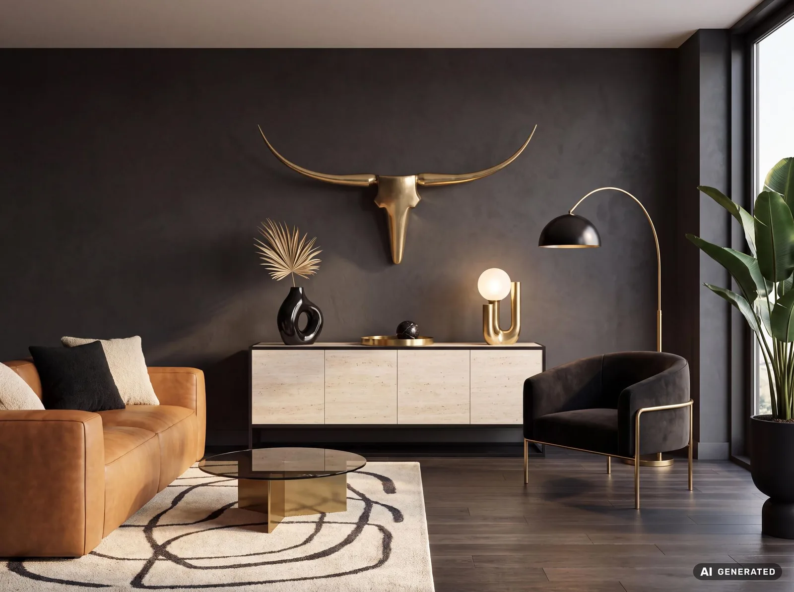 FineBuy Deko Geweih Bull M FB37859 aus Aluminium, Gold – 100 cm