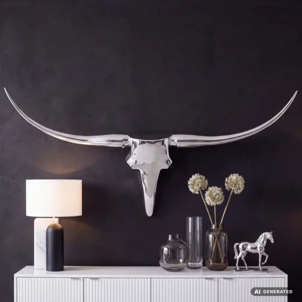 FineBuy Bull Geweih L Wanddekoration aus Aluminium, Silber – 125 cm