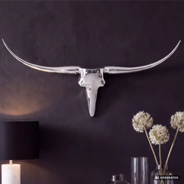 FineBuy Bull Geweih S Wanddekoration aus Aluminium, Silber – 74 cm