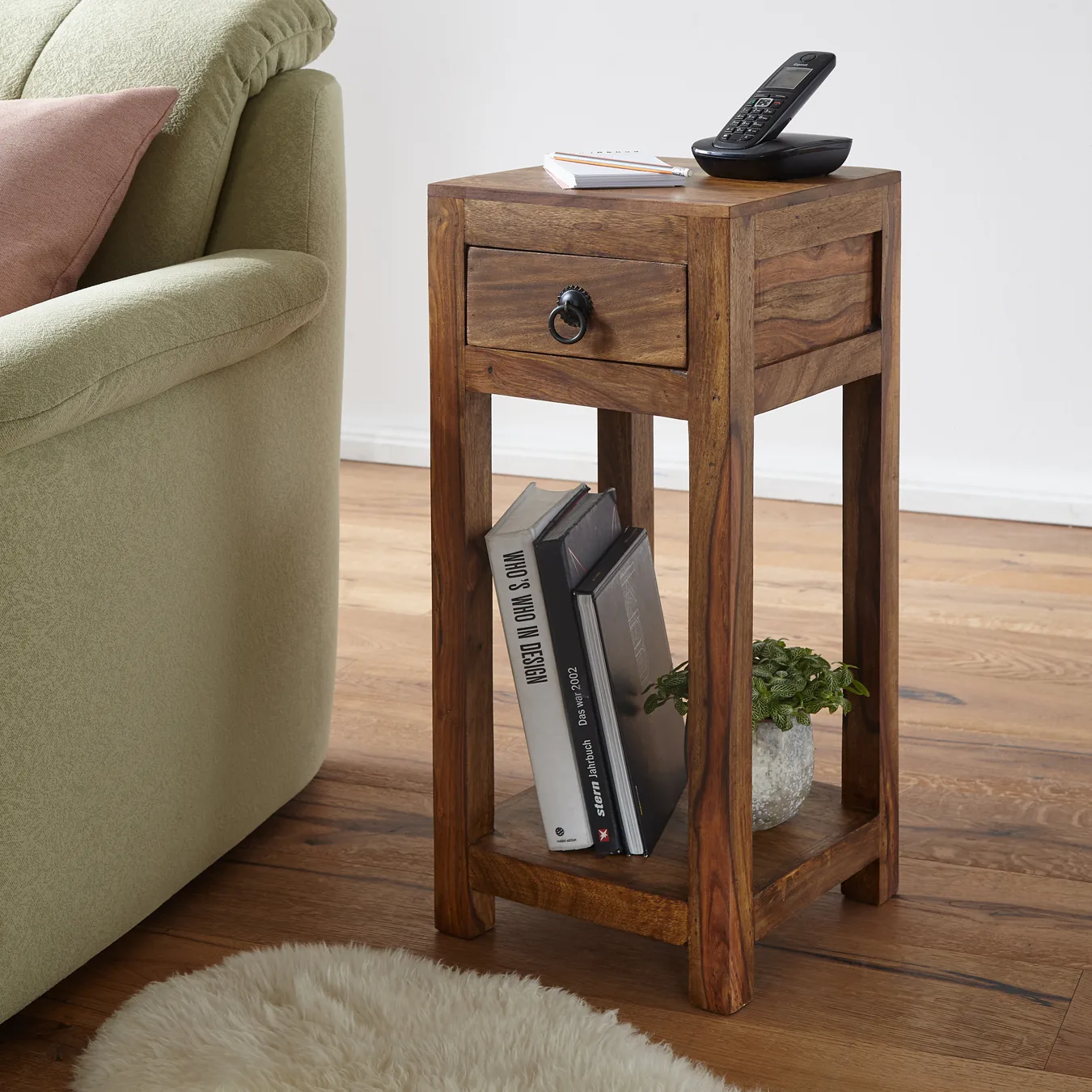 FineBuy Beistelltisch Massivholz Sheesham, Braun – 30 × 30 × 68 cm