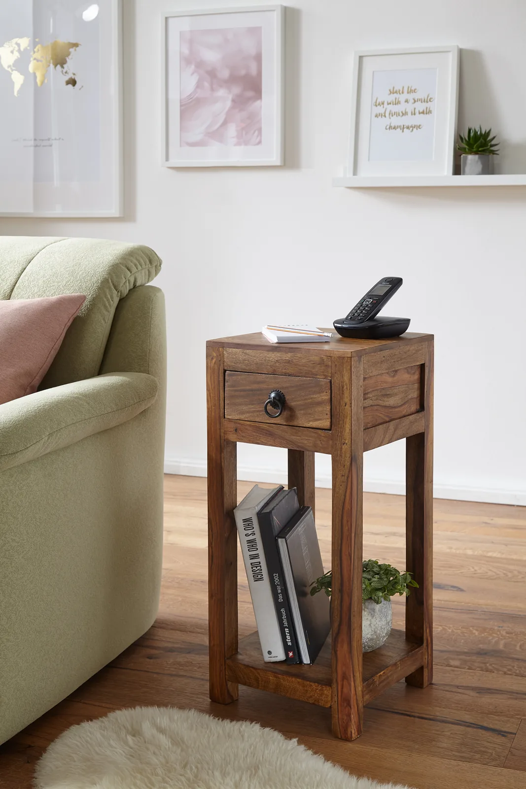 FineBuy Beistelltisch Massivholz Sheesham, Braun – 30 × 30 × 68 cm