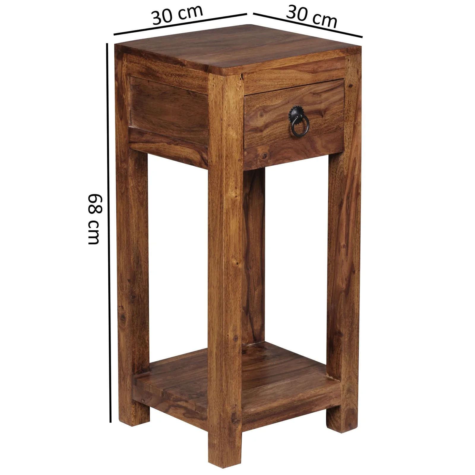 FineBuy Beistelltisch Massivholz Sheesham, Braun – 30 × 30 × 68 cm