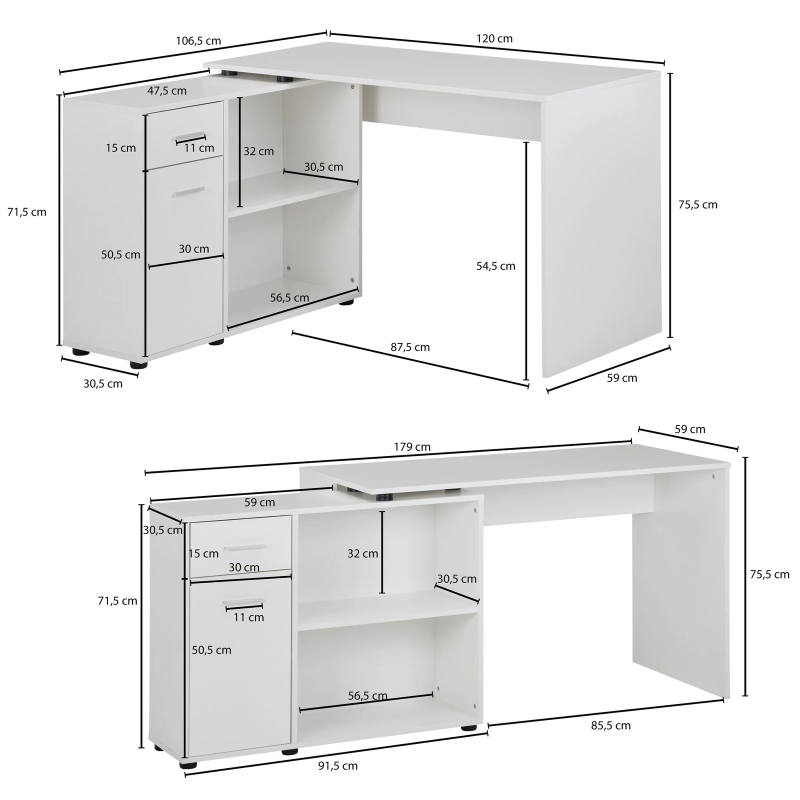 FineBuy Design Eckschreibtisch mit Regal, Weiß – 120 × 75,5 × 106,5 cm