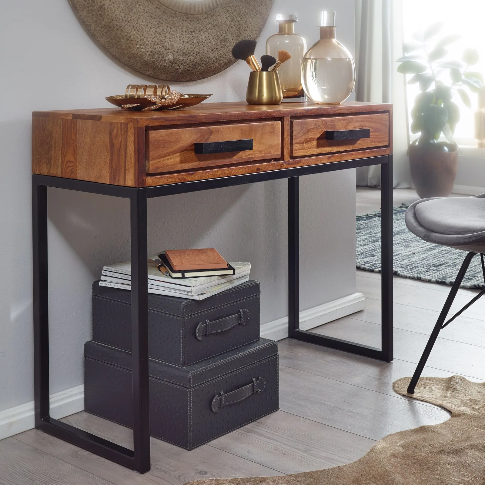 FineBuy Konsolentisch Sheesham Massivholz / Metall, Braun – 90 × 76 × 36 cm