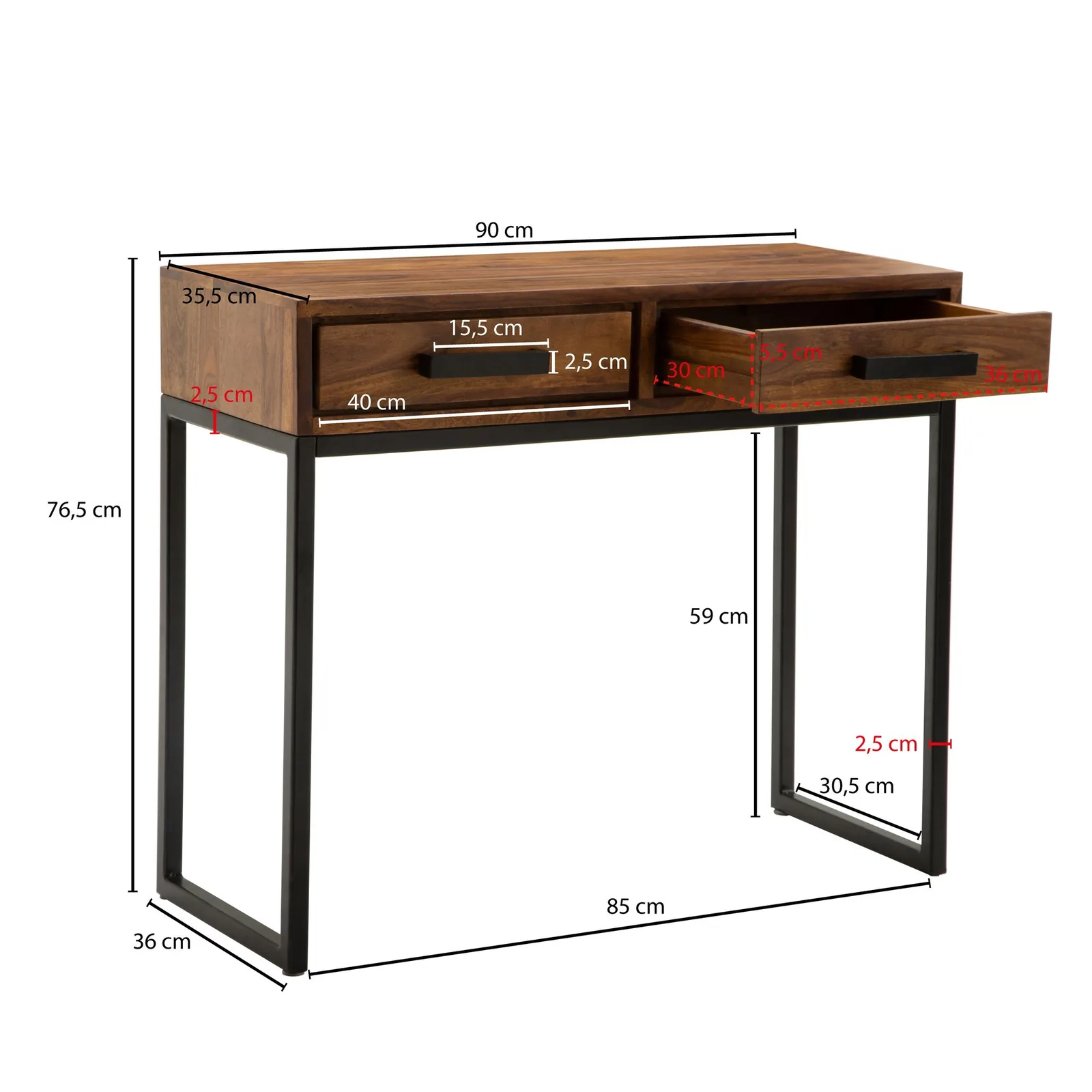 FineBuy Konsolentisch Sheesham Massivholz / Metall, Braun – 90 × 76 × 36 cm