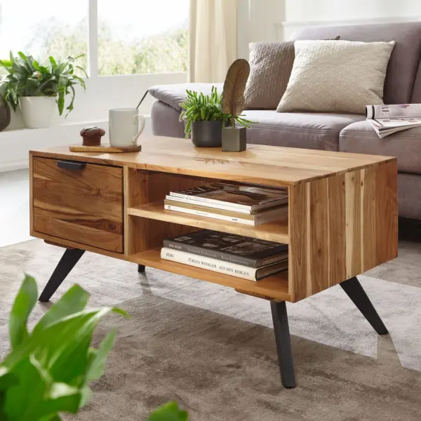 FineBuy Couchtisch Akazie Massivholz 95cm · Rechteckiger Wohnzimmertisch mit Schublade & Ablagefächern · Handgefertigter Sofatisch mit schwarzen Metallbeinen im Industrial Design